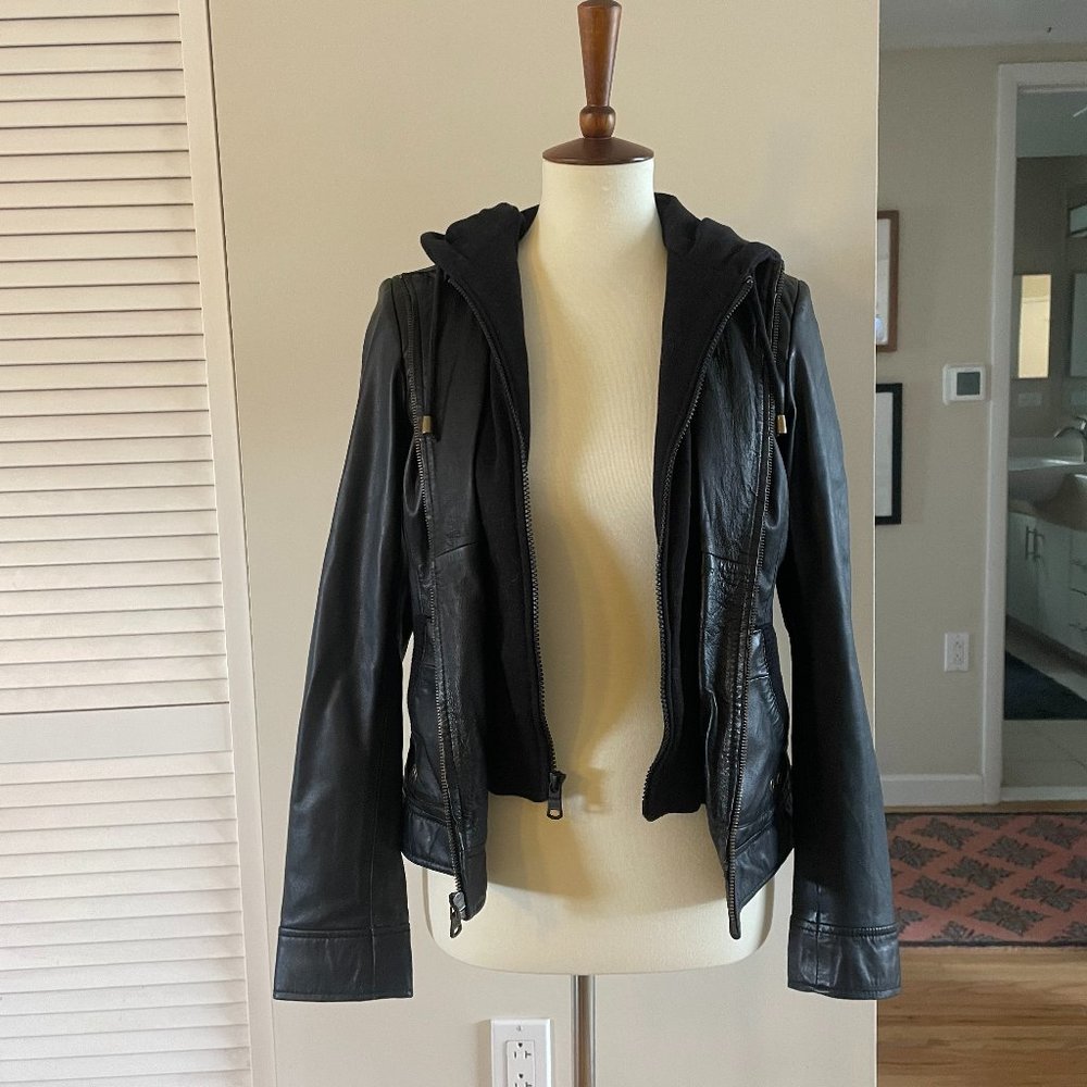 Andrew Marc Black Leather Hooded Jacket